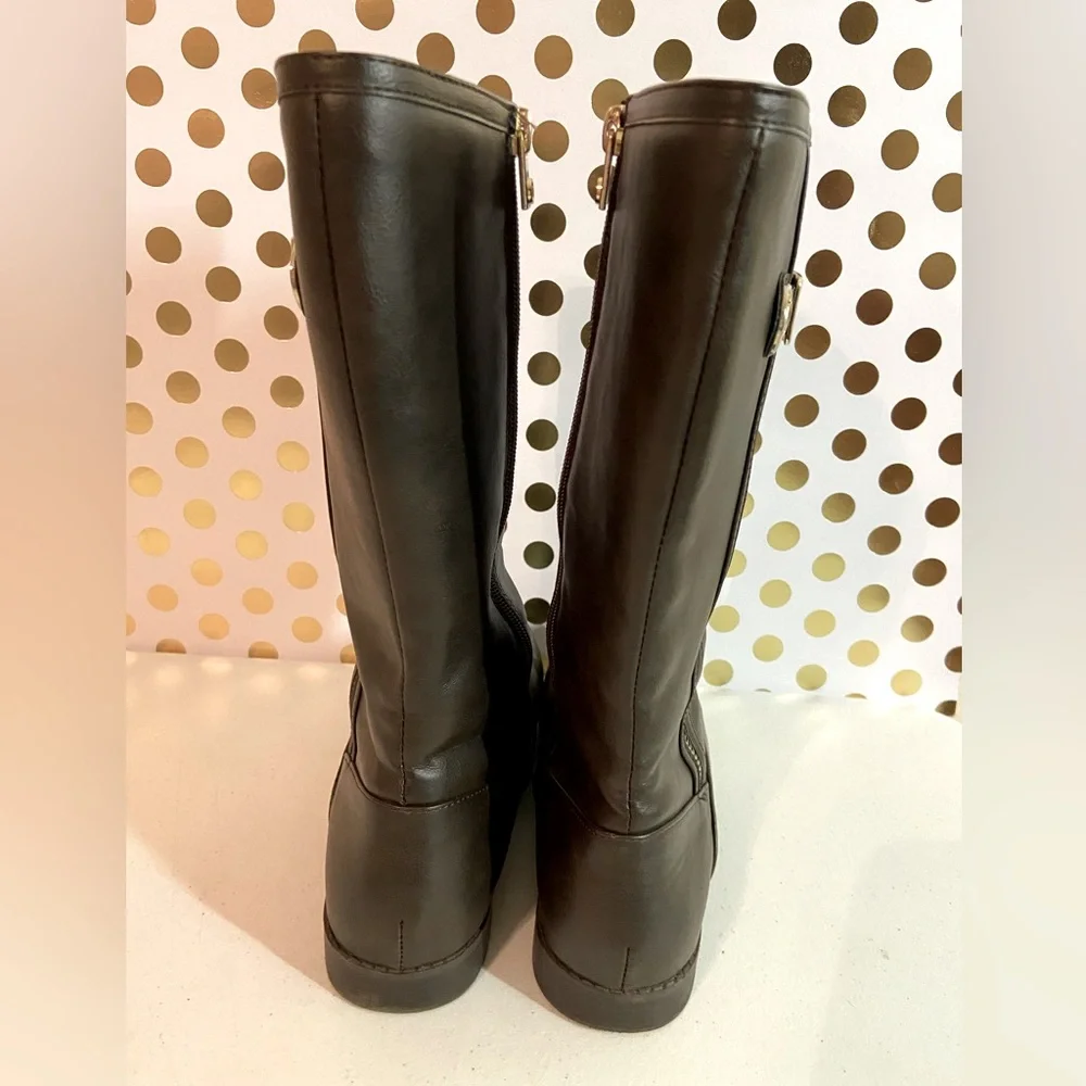 MICHAEL KORS Bexley Chocolate Brown Leather Zip-up Boots MK Buckle Size 5 - Picture 3 of 9